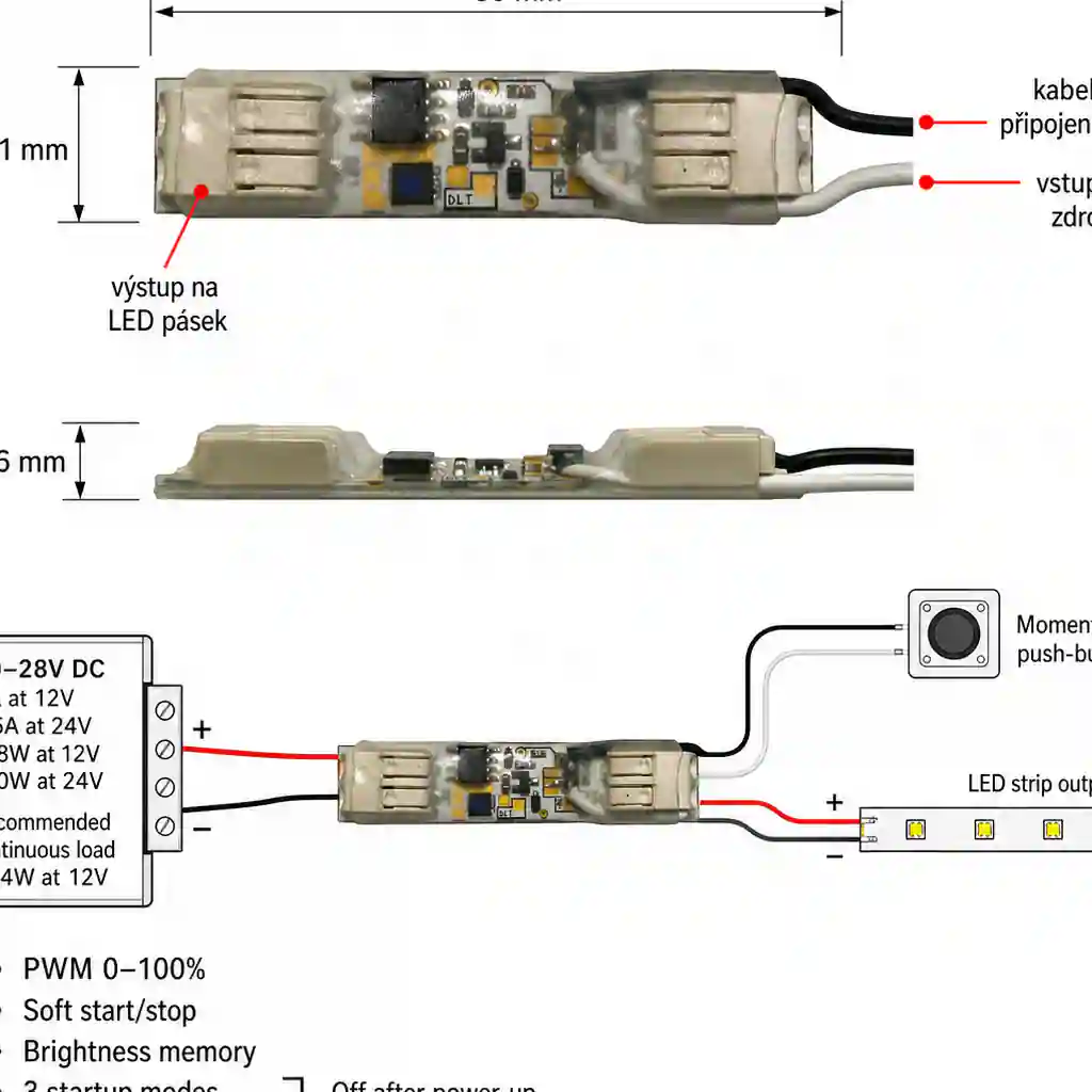 Rozměrový výkres miniaturního LED stmívače na tlačítko s krytím IP20